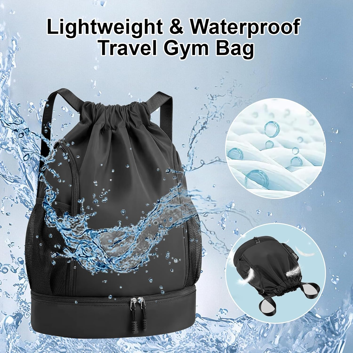 Drawstring Backpack Sports Gym Bag, Water Resistant String Bag Gym Sports Bag, Shoe Compartment Side Mesh Pockets Bulk Cinch Bag for Women Men
