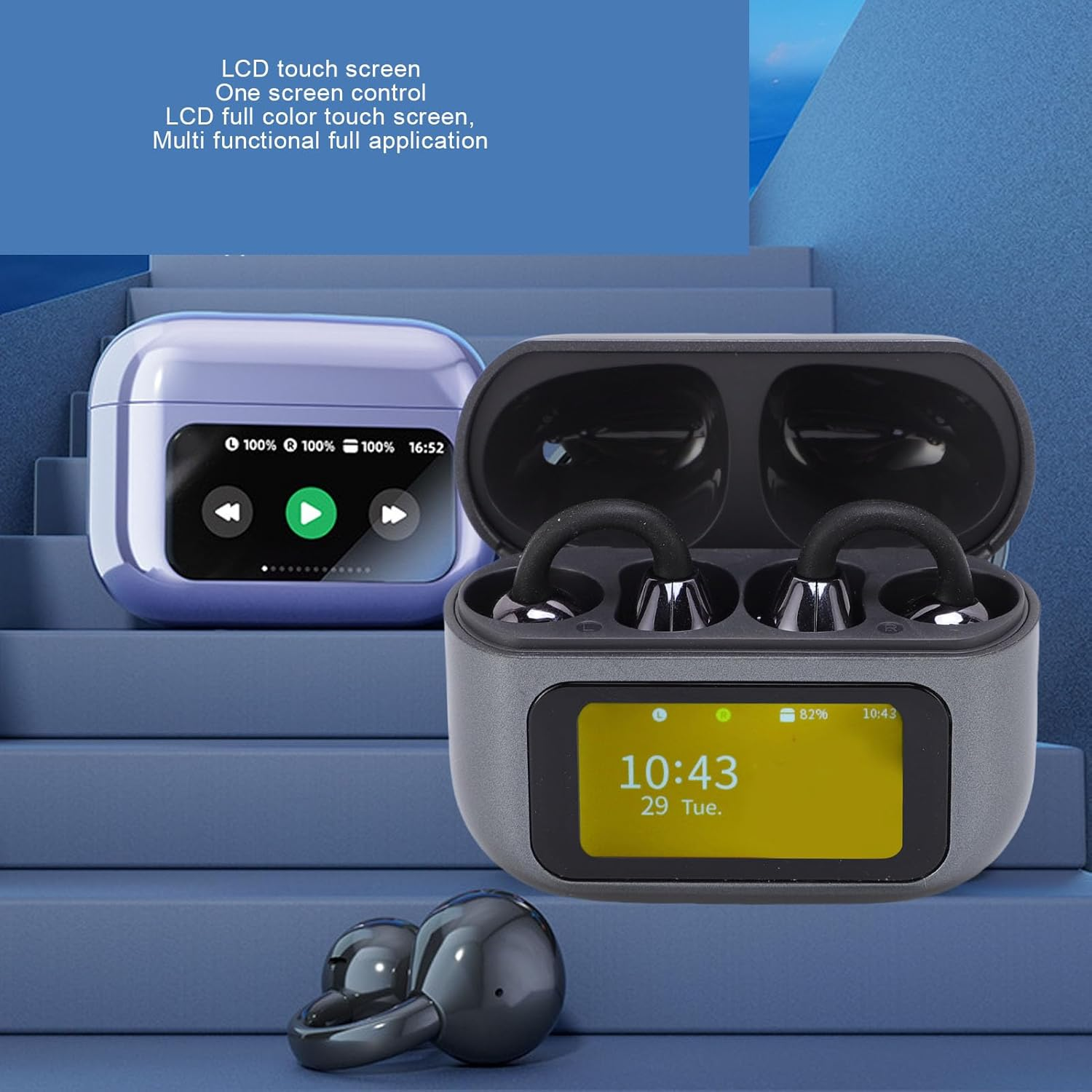 Plyisty Wireless Earbuds, Bluetooth 5.49 Sports Headphones, LCD Touch Screen Charging Case, Hifi Speaker, Directional Stable Transmission, for Training, Running (Black) image number 1