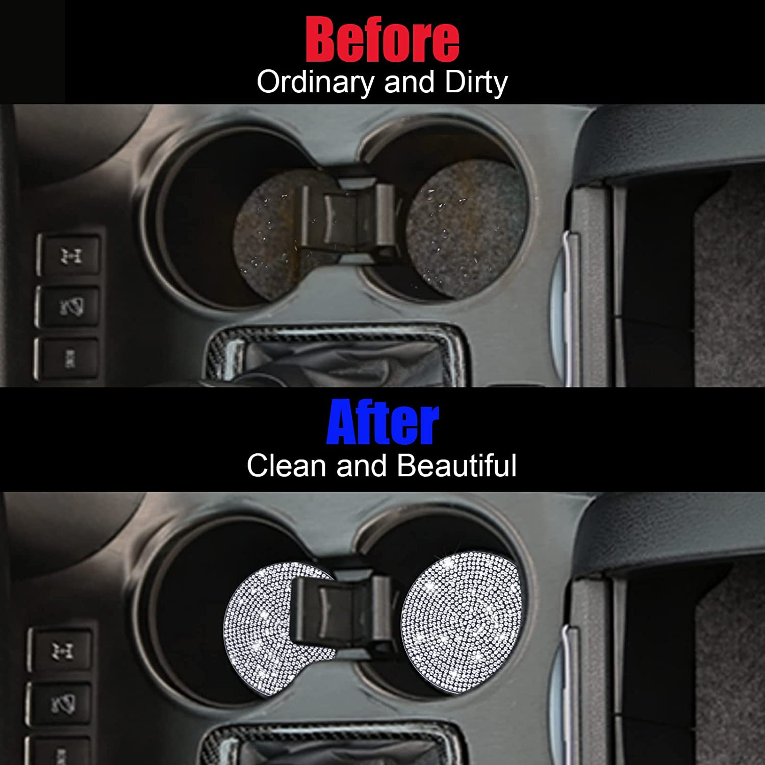 SAVITA 2Pcs 7Cm/ 2.75Inch Bling Car Coasters, Cup Holder Coasters Glitter Car Coaster Cup Mats Crystal Accessories for Ladies and Girls image number 1