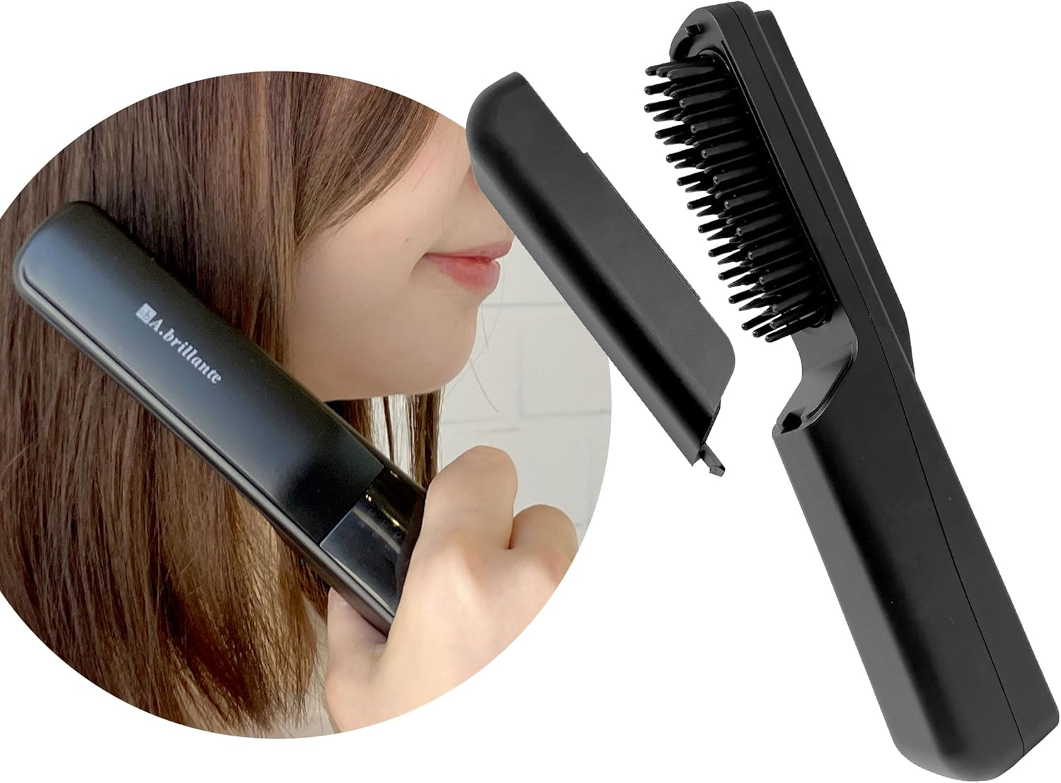 A.Brillante Cordless Hair Brush Iron, Mini USB Charging, Hair Iron, Brush, Straight, Heat Brush, Small, Compact, Ecru