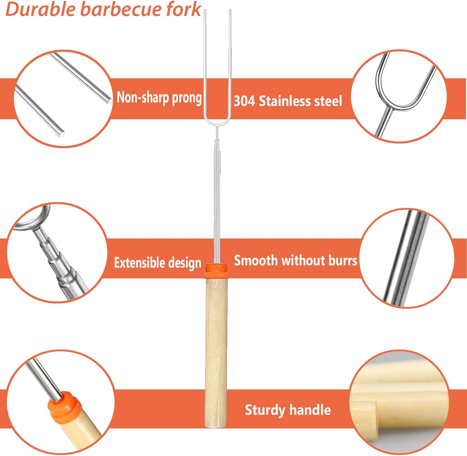 Marshmallow Roasting Sticks,8Pcs Extendable 32Inch Long Metal Barbecue Forks with 10 Kebab BBQ Skewers,Hot Dog Camping BBQ Stick Accessories,Smores Sticks for Fire Pit,Camping,Bonfire and Grill image number 4