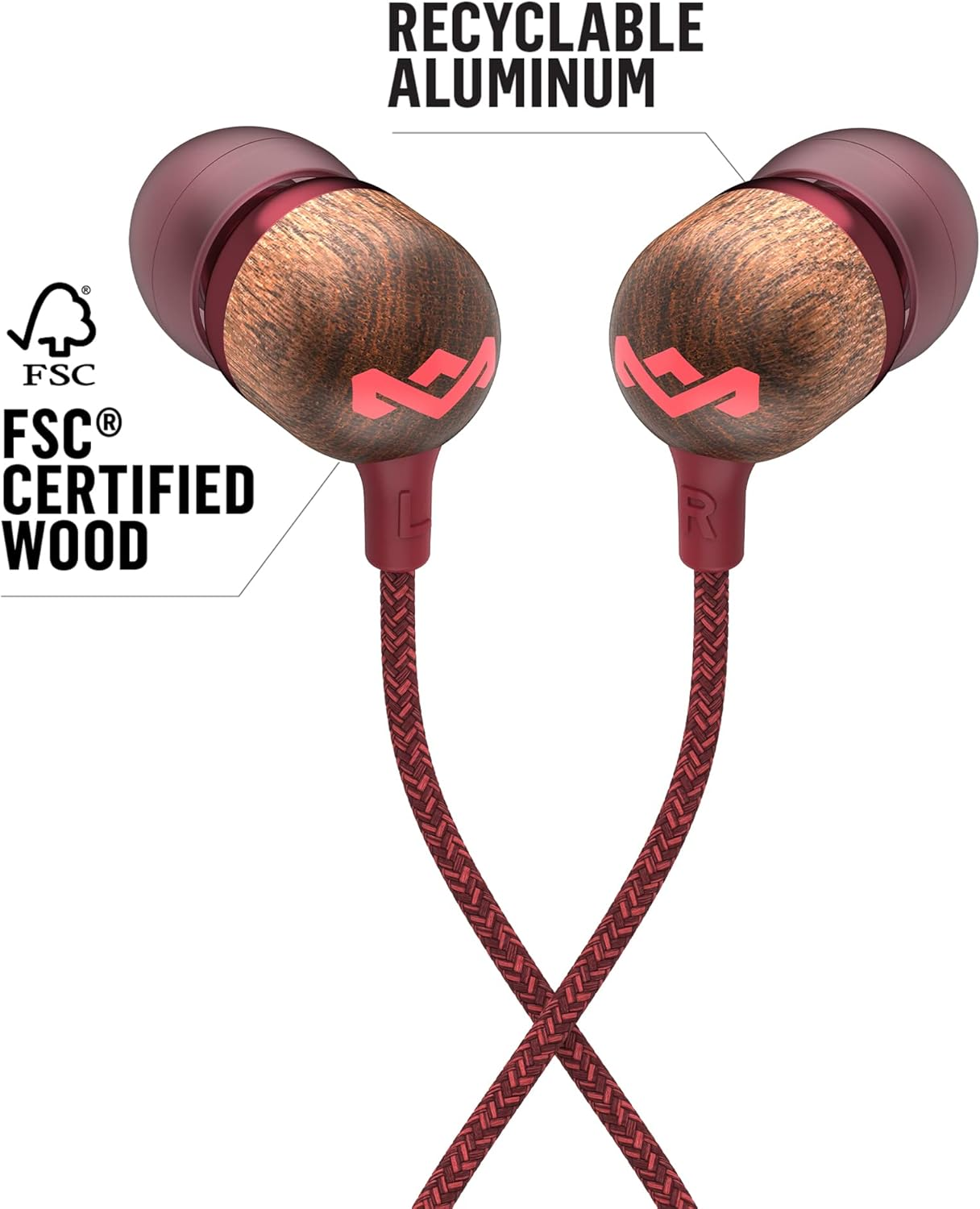 House of Marley Smile Jamaica In-Ear Headphones - Sustainably Crafted, Eco-Friendly, Noise Isolating Wired Earphones, 9.2Mm Driver, Tangle-Free Cable, 1 Button Microphone Control - Red image number 2
