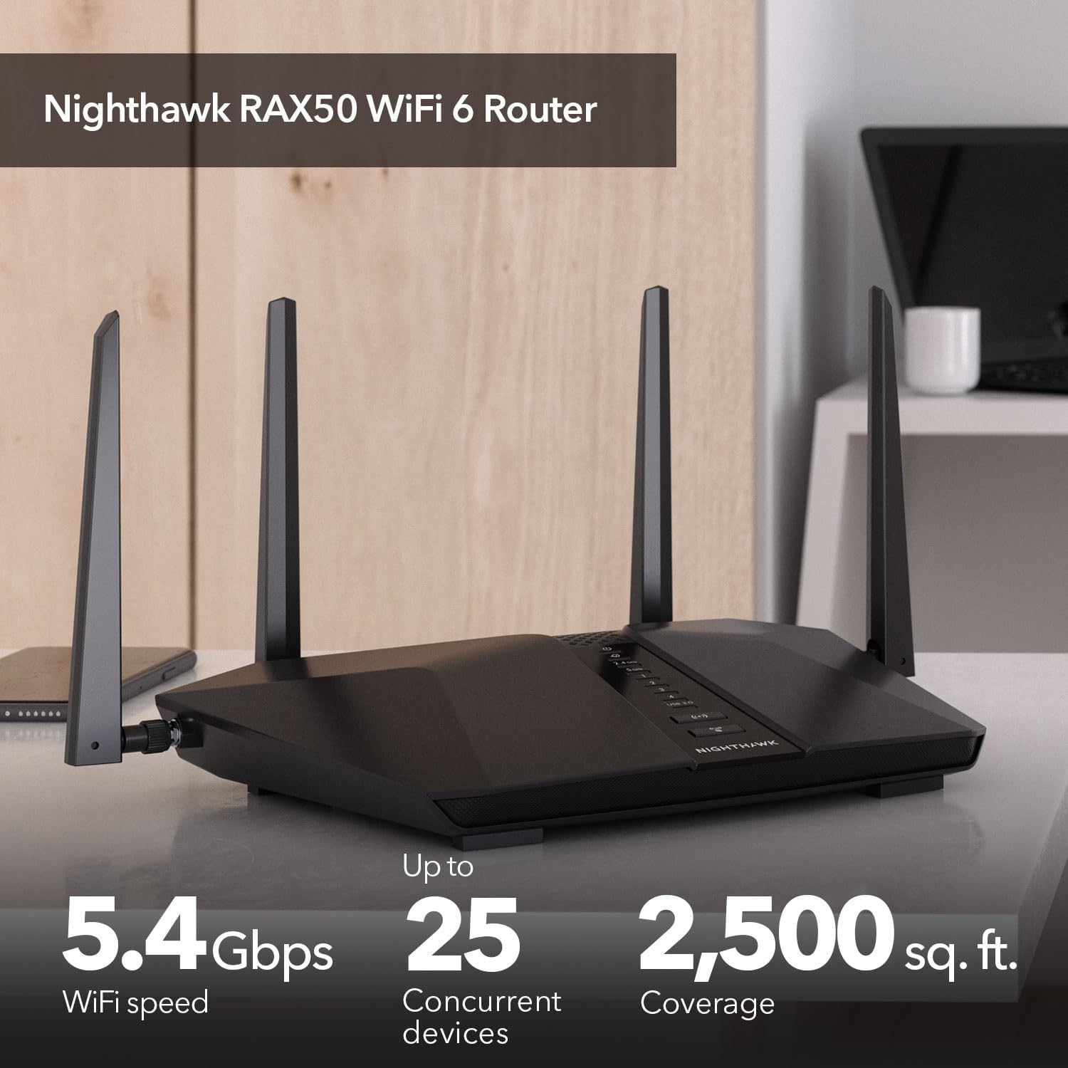 NETGEAR RAX50-100APS AX5400 Nighthawk 6-Stream 5.4Gbps Dual-Band Wifi 6 Router, Black image number 4