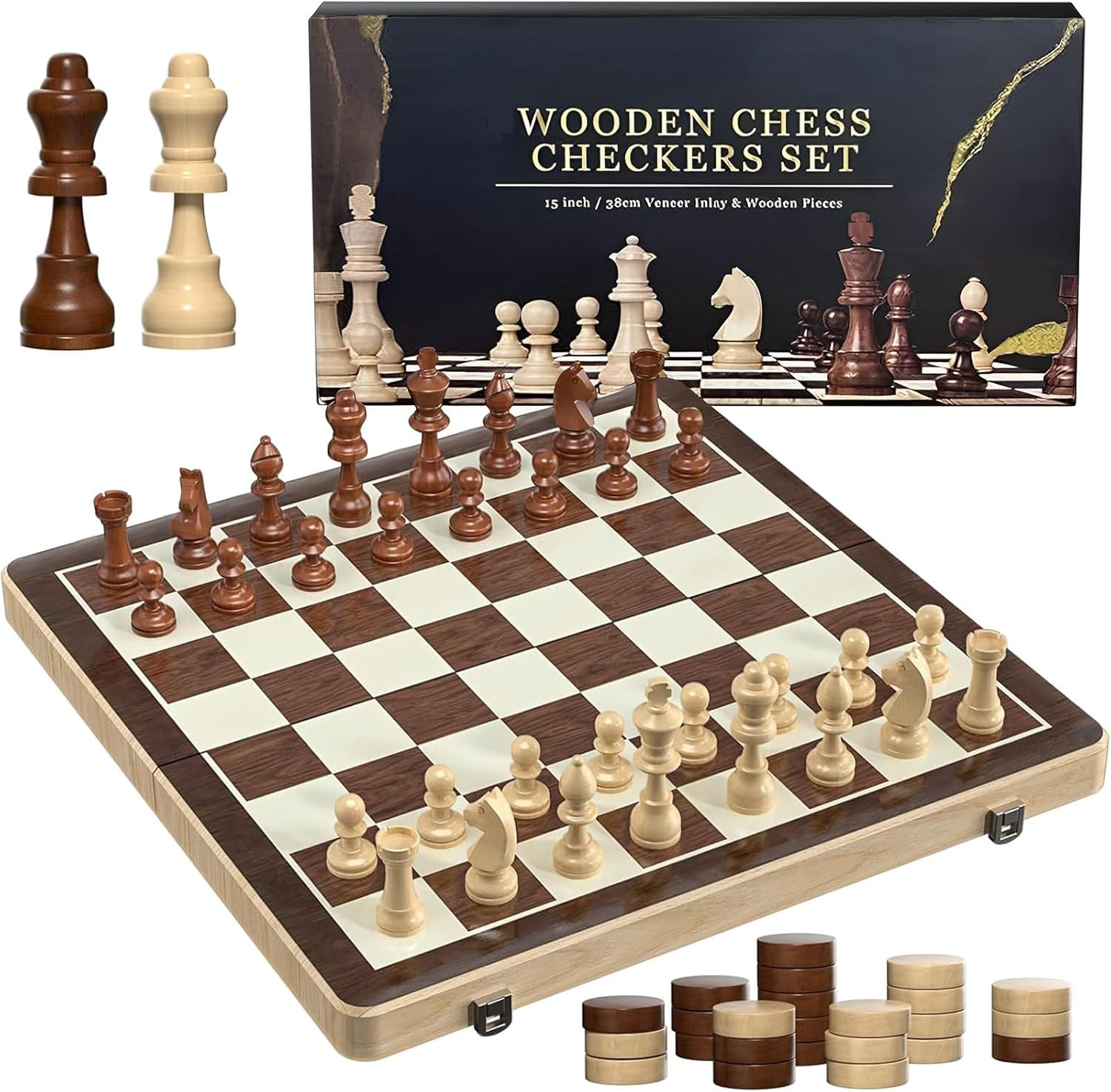 Chess Board Set with Checkers - 15.35" Wooden Chess Board Game Travel Chess for Adults & Kids, Chess Gift Toys for Boys Girls (15.35&ldquo;) image number 1
