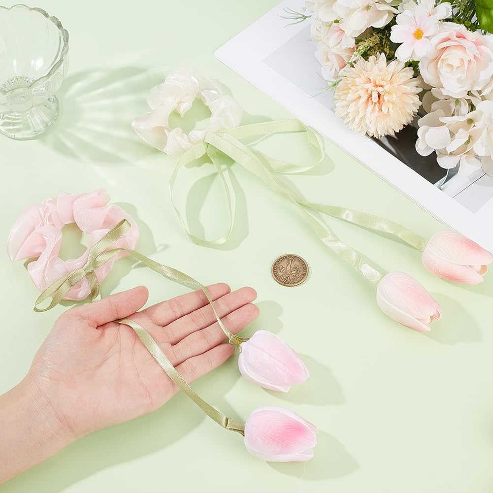 CABODYALS Pack of 4 Hair Bands with Tulip Motif in 2 Colours Ruffles Made of Chiffon Stretchy Polyester for Women, E.G. for Weddings, Parties or Birthdays. image number 5