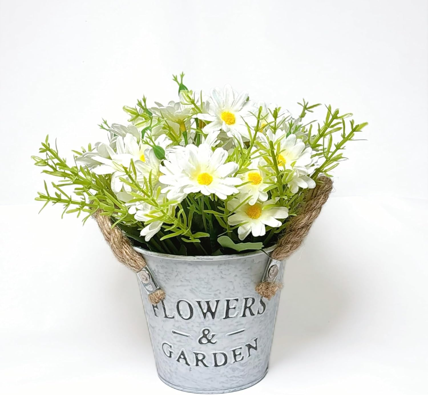 Midrodlle Artificial Potted Flower for Home Office D&eacute;cor-White Daisy with Metal Bucket image number 4
