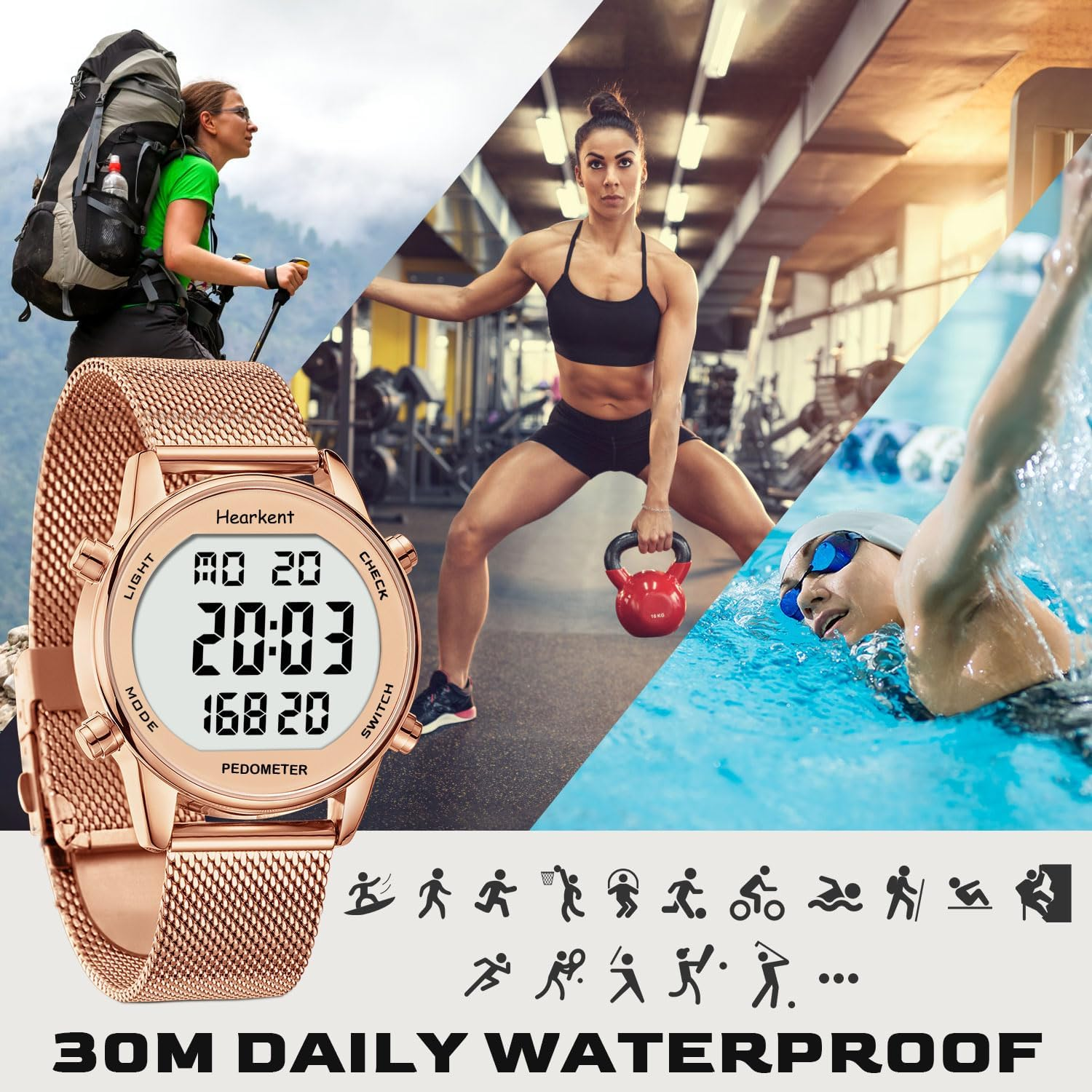 Hearkent Pedometer Watch for Women, Step Tracker with Calories Counter, Non Bluetooth Pedometer Watch, 30M Waterproof, LCD Large Number Display Wrist Watch for Walking and Daily Activity image number 6