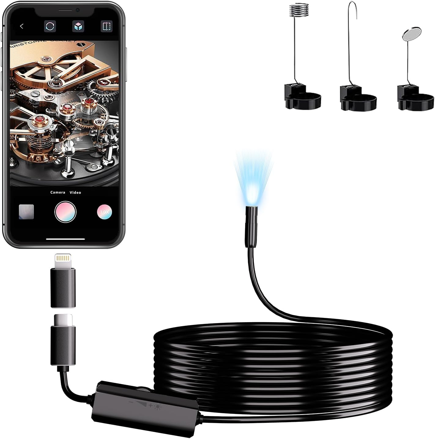 Endoscope Camera with Light, 1920P HD Endoscope with 8 Adjustable LED Lights, 16.4Ft Semi-Rigid Cable, 8Mm Probe IP67 Waterproof Inspection Camera for Android & Ios Devices image number 1