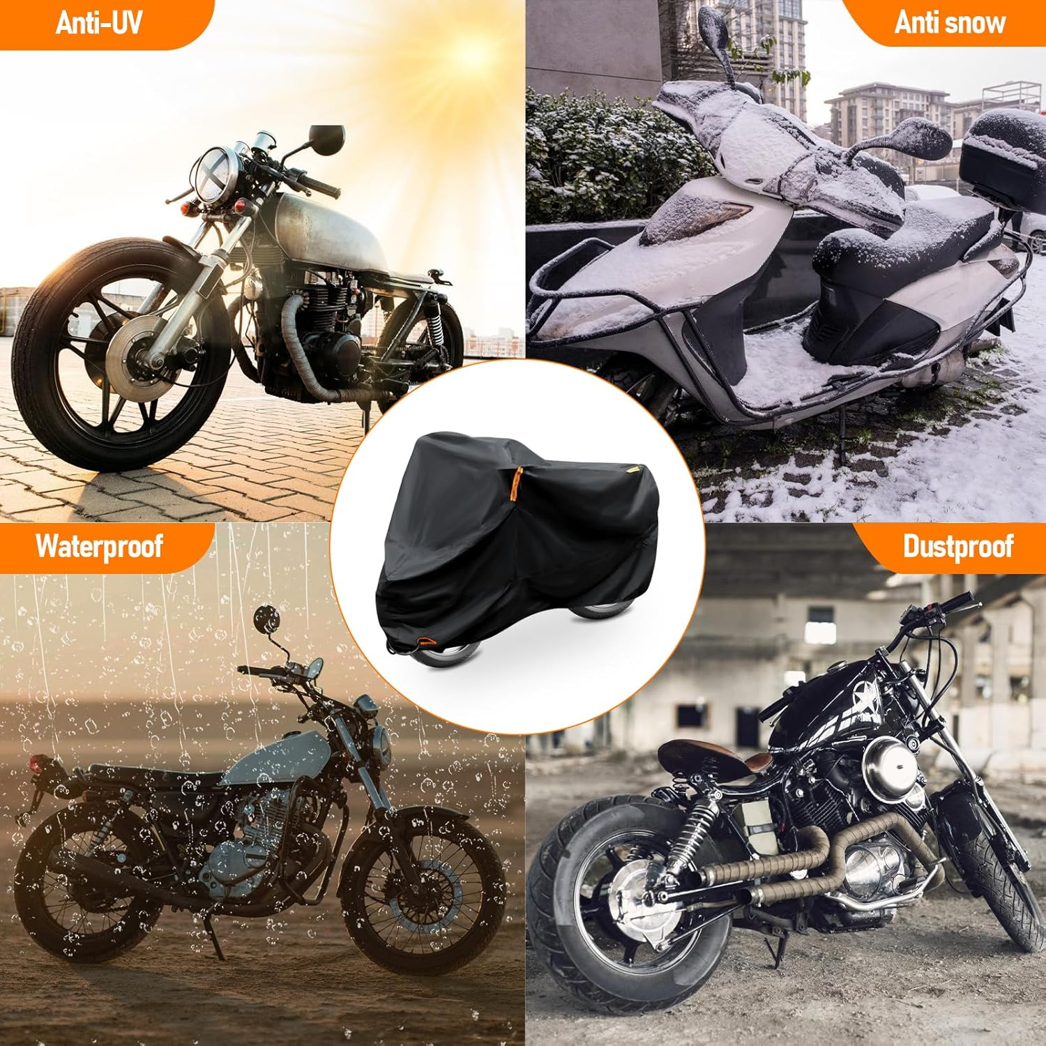 Motorcycle Cover Waterproof, 420D All Season Outdoor Protection, Heavy Duty Motorcycle Cover with Reflective Tape and Lock Holes Vehicle Cover (Black, XL) image number 2