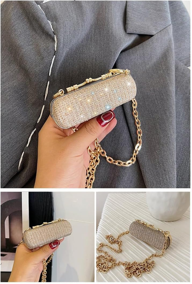 Mini Crystal Lipstick Case Bling Rhinestone Cosmetic Storage Bag with Metal Chain Lipstick Storage Holder Makeup Jewelry Case, Bling Rhinestone (Gold, One Size) image number 2