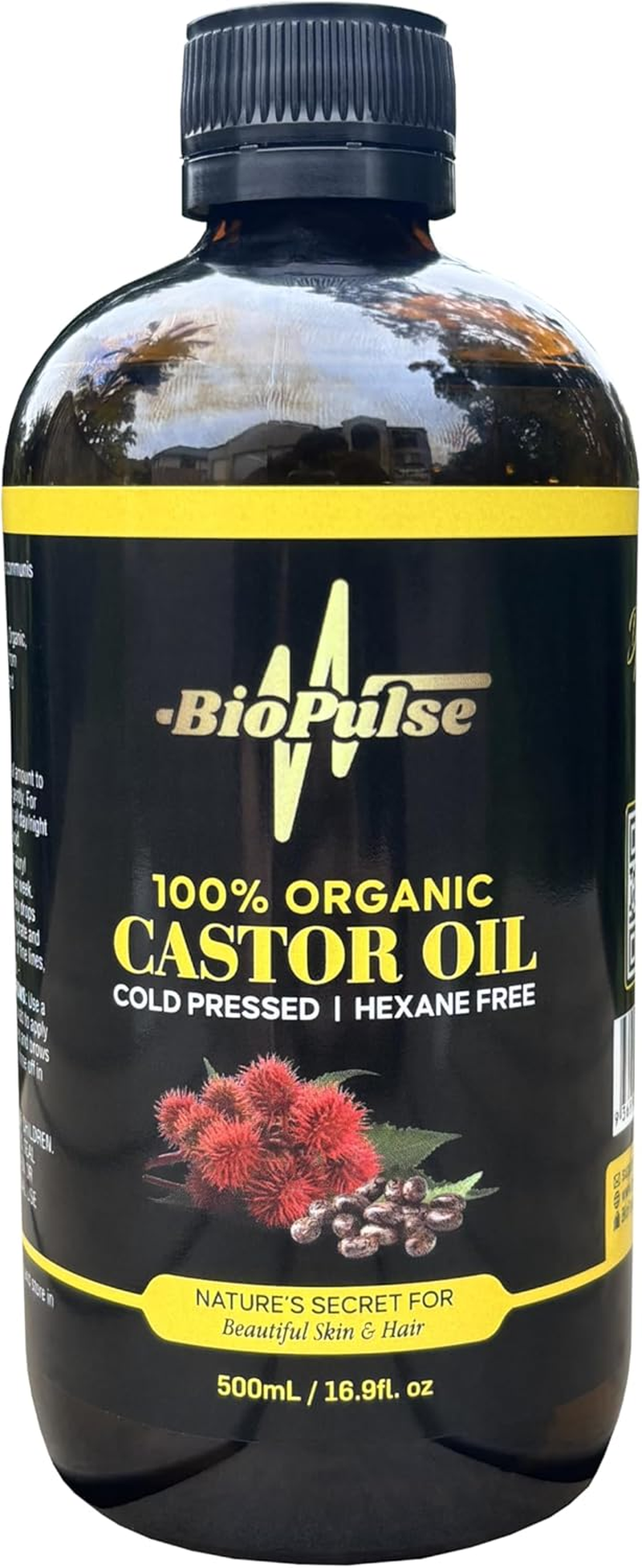 Biopulse Organic Castor Oil, 100% Pure Cold-Pressed, Hexane-Free - Stimulate Hair Growth & Hydrate Skin, Nourish Eyelashes, Brows & Nails with Natural Moisturising Oil (500Ml Glass Bottle) image number 2