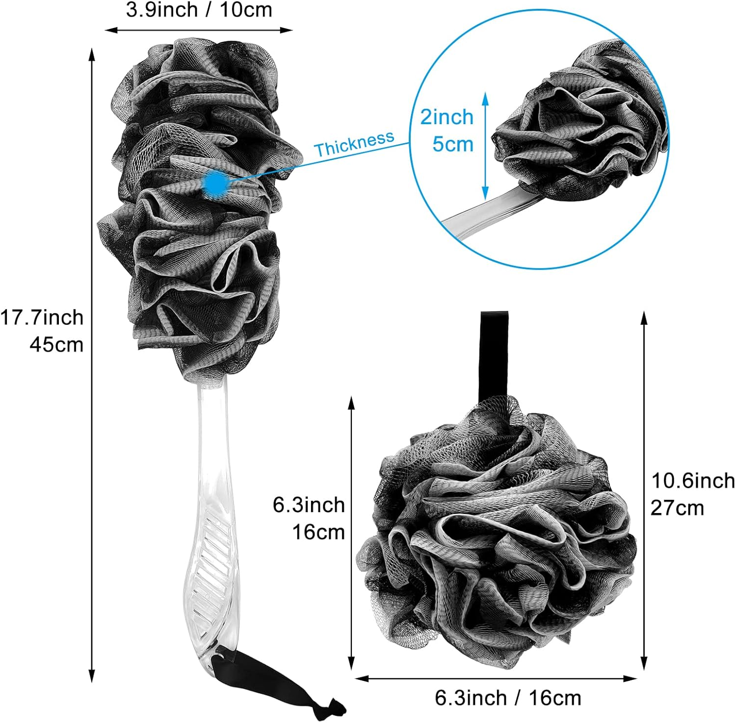 Loofah Bath Shower Sponge Body Scrubber,1 Long Handled Back Brush and 2 75G XL Exfoliate Mesh Pouf Shower Bouquet,3 Pack Shower Scrubber for Women and Men image number 5