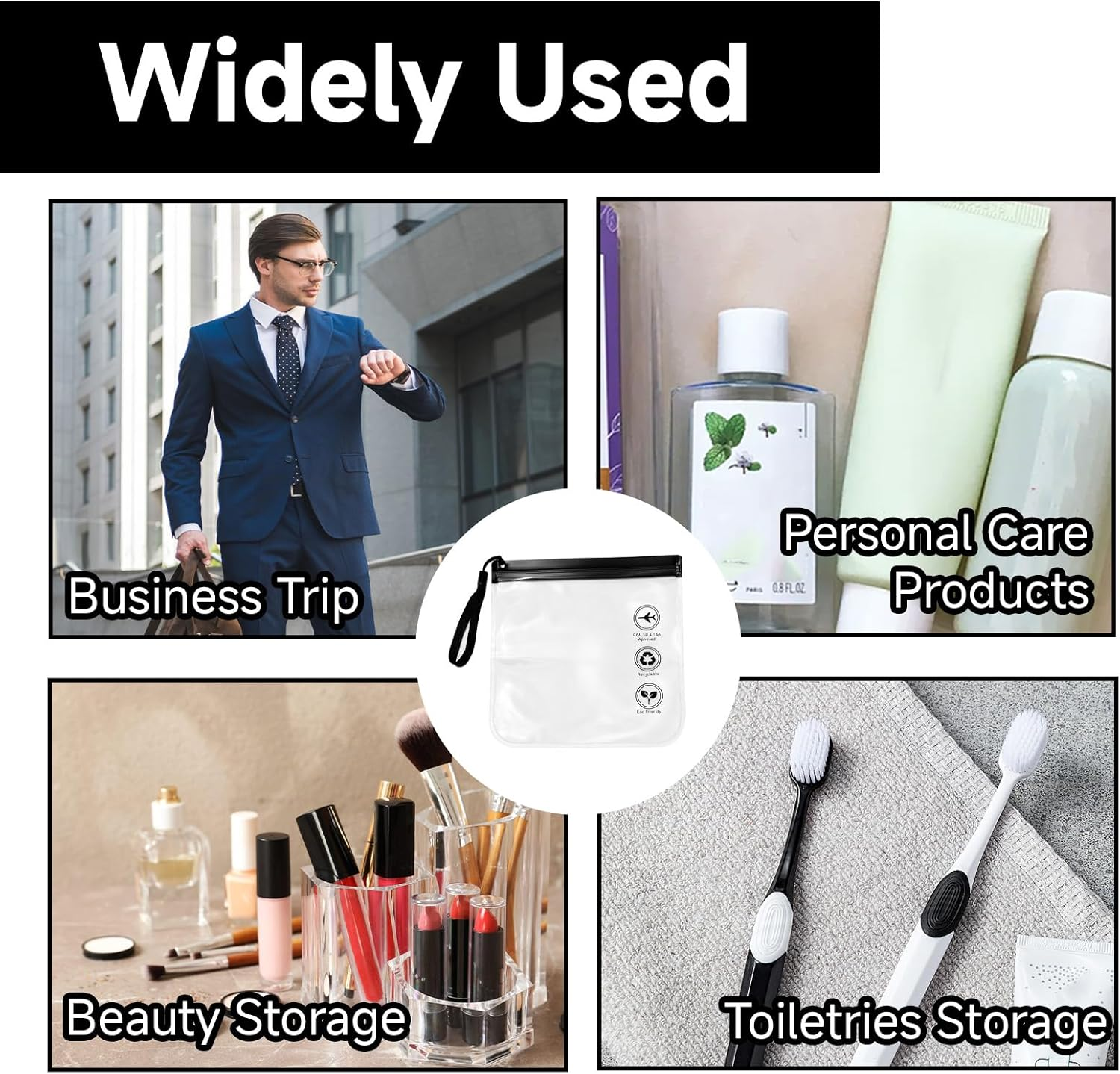 AIAOO Airport Security Compliant Clear Reusable Travel Toiletry Bag 4 Pack Black 20X20Cm Leakproof Waterproof Transparent Cosmetic Organizer Pouch for Men Women Airline Carry-On Luggage image number 3