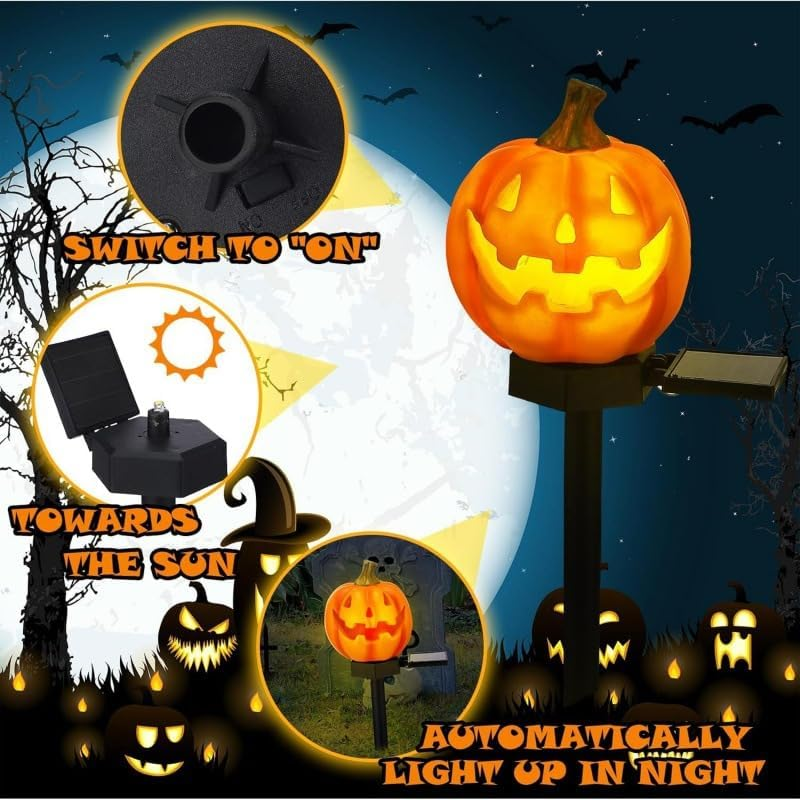 YZYOE LED Solar Pumpkin Head Ground Light, Halloween Outdoor Atmosphere Decoration Lamp, Cute Resin Pumpkin Head Courtyard Landscape Lights. image number 3