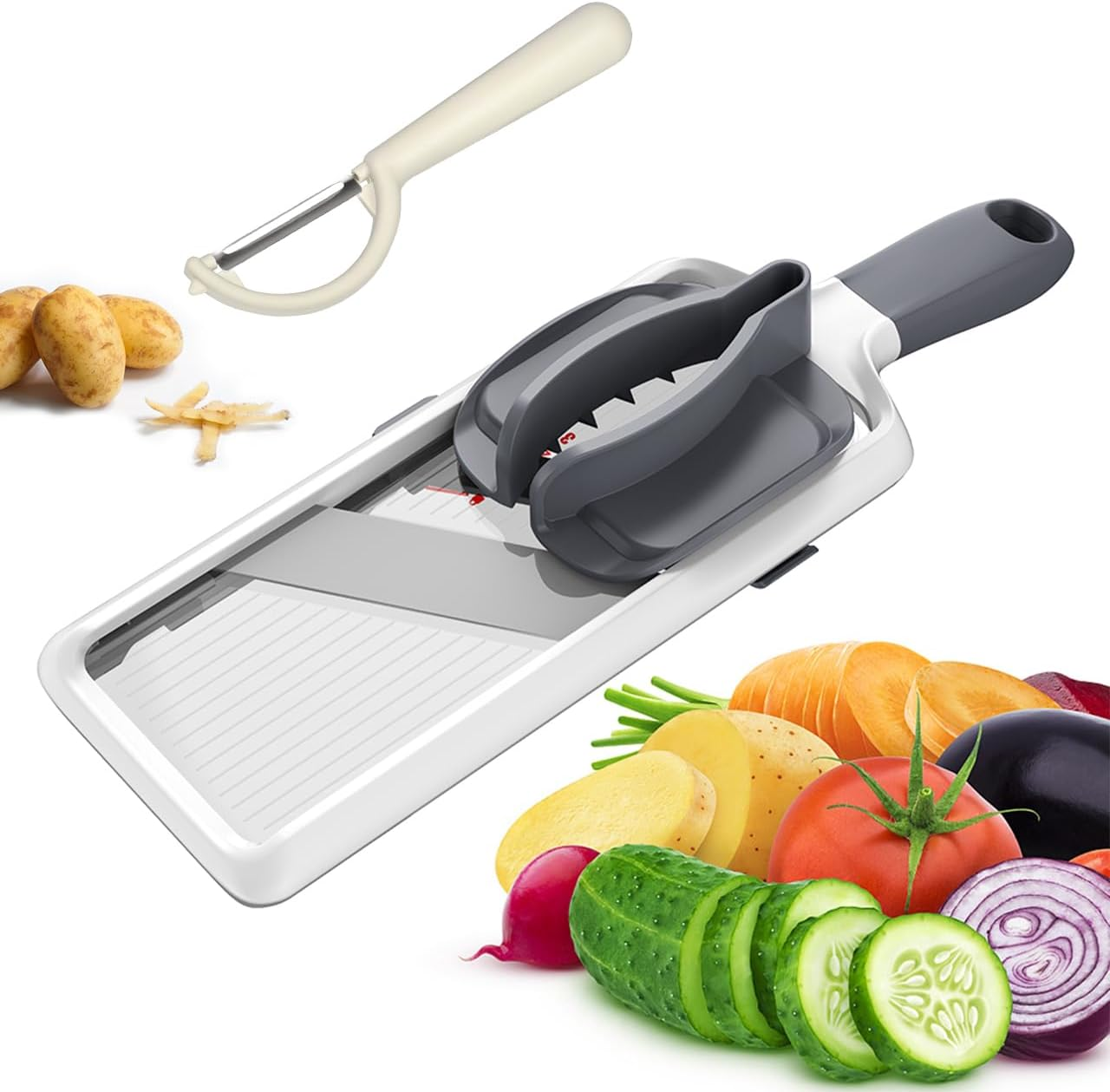YAMJUG Handheld Mandoline Slicer, Kitchen Slicer with Adjustable Stainless Steel Blade and Food Holder,Easy to Clean, Good Grip Fruits and Vegetable Cutter image number 3
