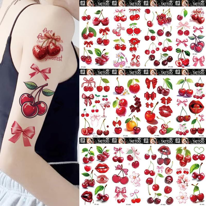 Buziba 12 Sheets Cherry Temporary Tattoos Stickers Funny Cherry Birthday Decorations Cute Red Cherries Fake Tattoo Gifts for Women Men Fruit Themed Party Favors Supplies