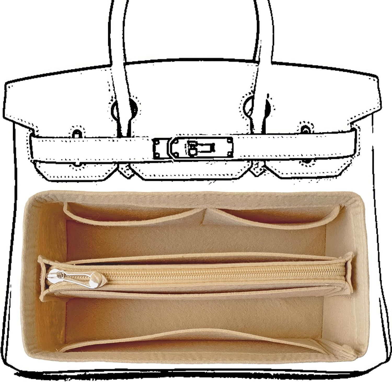 KOPPAL Purse Organizer Insert for Handbags, Felt Bag Organizer with Zipper, Large Capacity,Women, Handbags Shaper for Birkin(35,Orange)