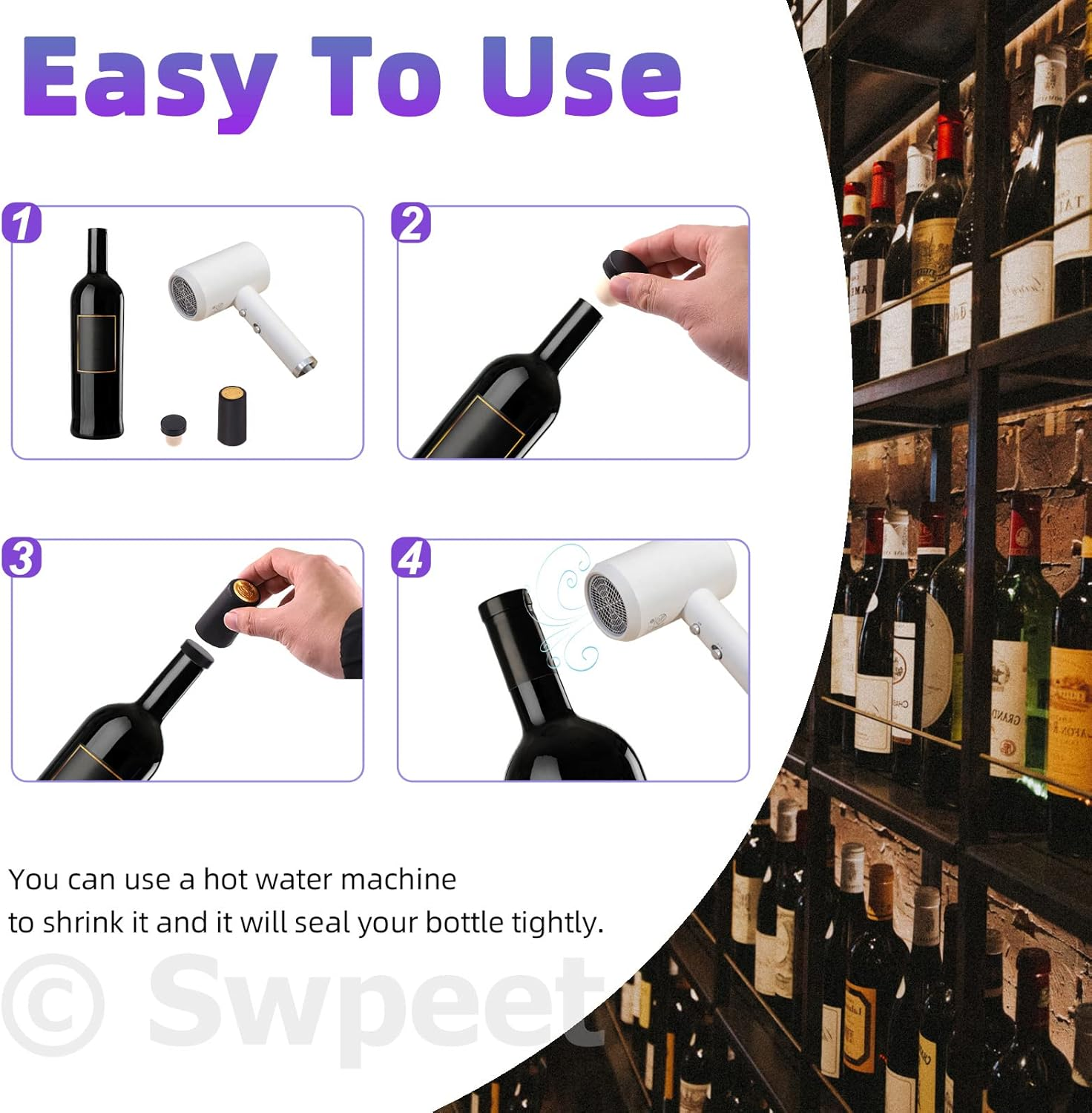 Swpeet 54Pcs 3 Colors Gold Black Red PVC Heat Shrink Capsules and Wine Bottle Cork Tops Stopper with Plastic Top Assortment Kit, Sealing Plug Bottle Cap with Shrink Wrap for Wine Bottles image number 3