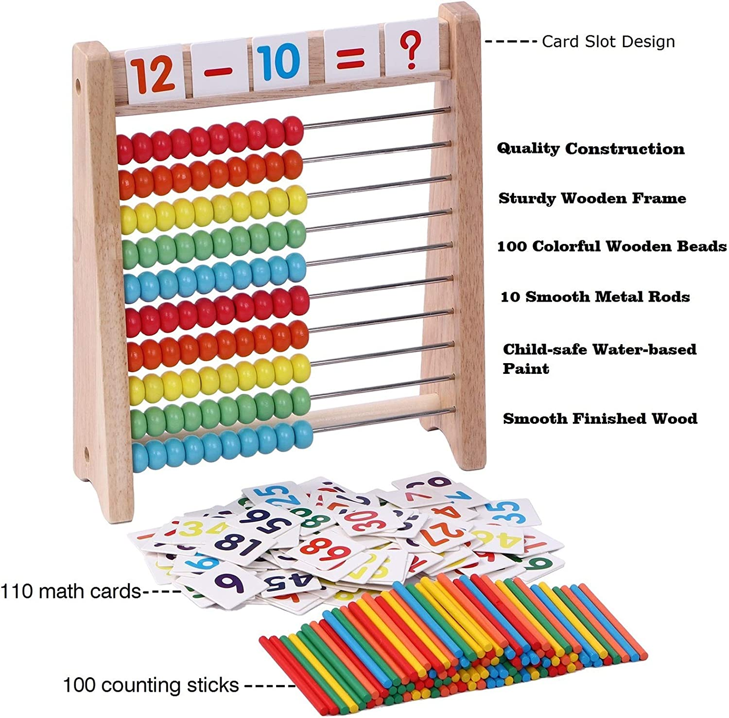 Wooden Abacus for Kids Math with 100 Counting Sticks and Number Toys Cards 1-100, Educational Math Games Preschool Learning Toys, Math Manipulatives for Elementary 1St 2Nd Grade image number 1