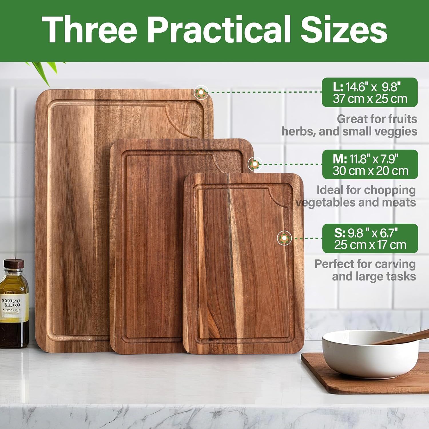 TJ POP Acacia Wood Chopping Board for Kitchen, Wooden Cutting Board Set of 3 with Stand and Juice Groove, Double-Sided Chopping Board Serving Board for Meat, Vegetables, Fruits and Cheese - Acacia Wood (3 Set) image number 3