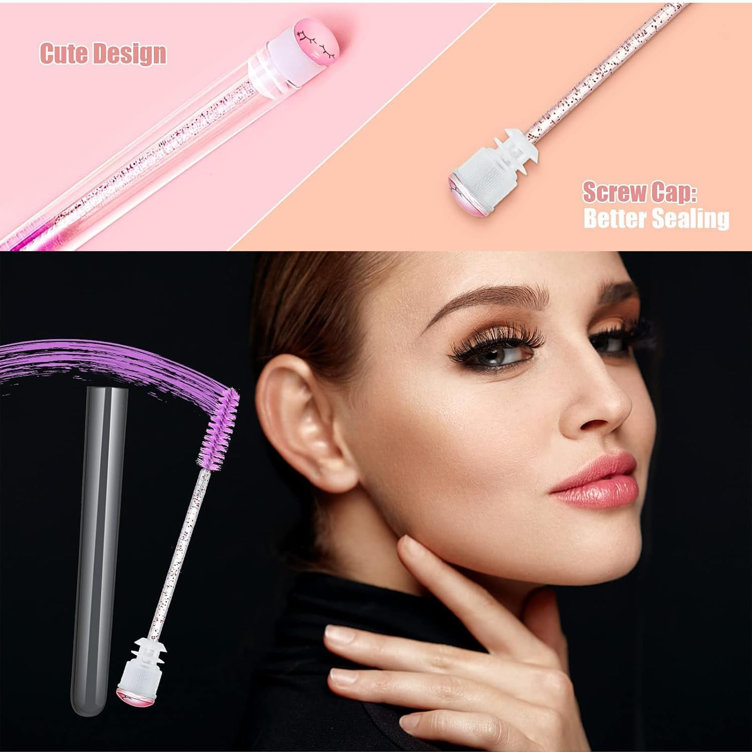 110-Piece Disposable Mascara Wand Set with 30 Reusable Diamond Eyelash Tubes and 80 Crystal Applicators, Designed for Women and Girls' Makeup, in a Stylish Pink Eye Pattern image number 5