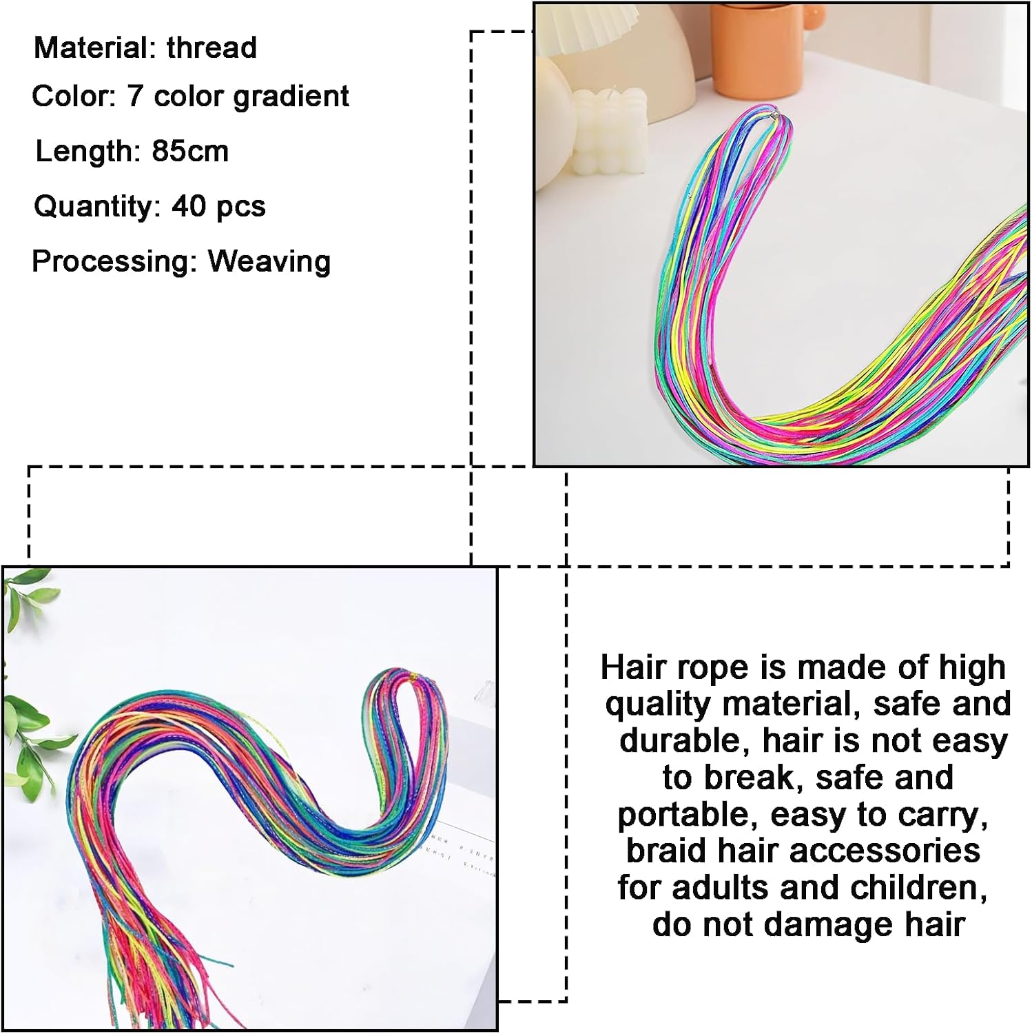 Treayes 30Pcs Colorful Hair Braiding Rope Strings for Rainbow Hair Wrap Cords for Braids, Rainbow Rope Strands, Colored Hairs Wrap Braided Ponytail
