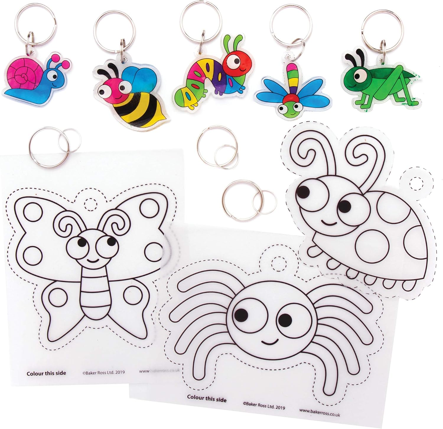 Baker Ross AT609 Bug Super Shrink Keyring Kits - Pack of 8, Make Your Own Key Rings for Kids to Color In, Make and Display image number 2