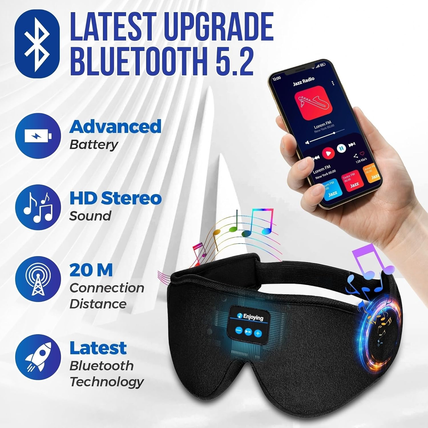 GLOBAL TECH Sleep Mask with Bluetooth Headphones, Wireless Bluetooth Sleep Mask Headphones 3D Music Eye Mask for Sleeping, Sleeping Headphones for Side Sleepers Meditation Gifts Gadgets for Men Women image number 4