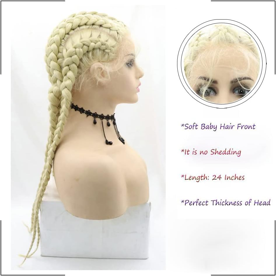 Afbeauty 613 Blonde 5 Braided for Women Handmade Blonde 5 Braids Wig Synthetic Blonde Lace Wig with Baby Hair Heat Resistant Fibre 5 Braided Daily Makeup Wigs 24 Inches image number 4