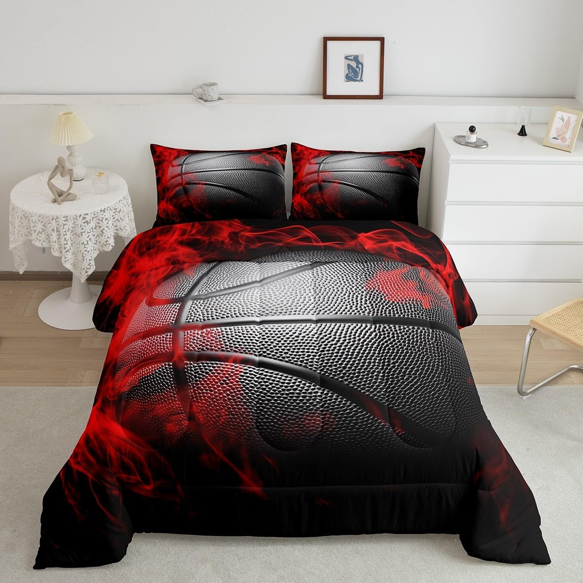 Homewish Basketball Comforter Set King Size Black Basketball Print Bedding Set 3Pcs for Kids Boys Girls Teens Adults Gamer Bedroom Decor,Ball Gaming Sports Theme Duvet Insert with 2 Pillowcases image number 3