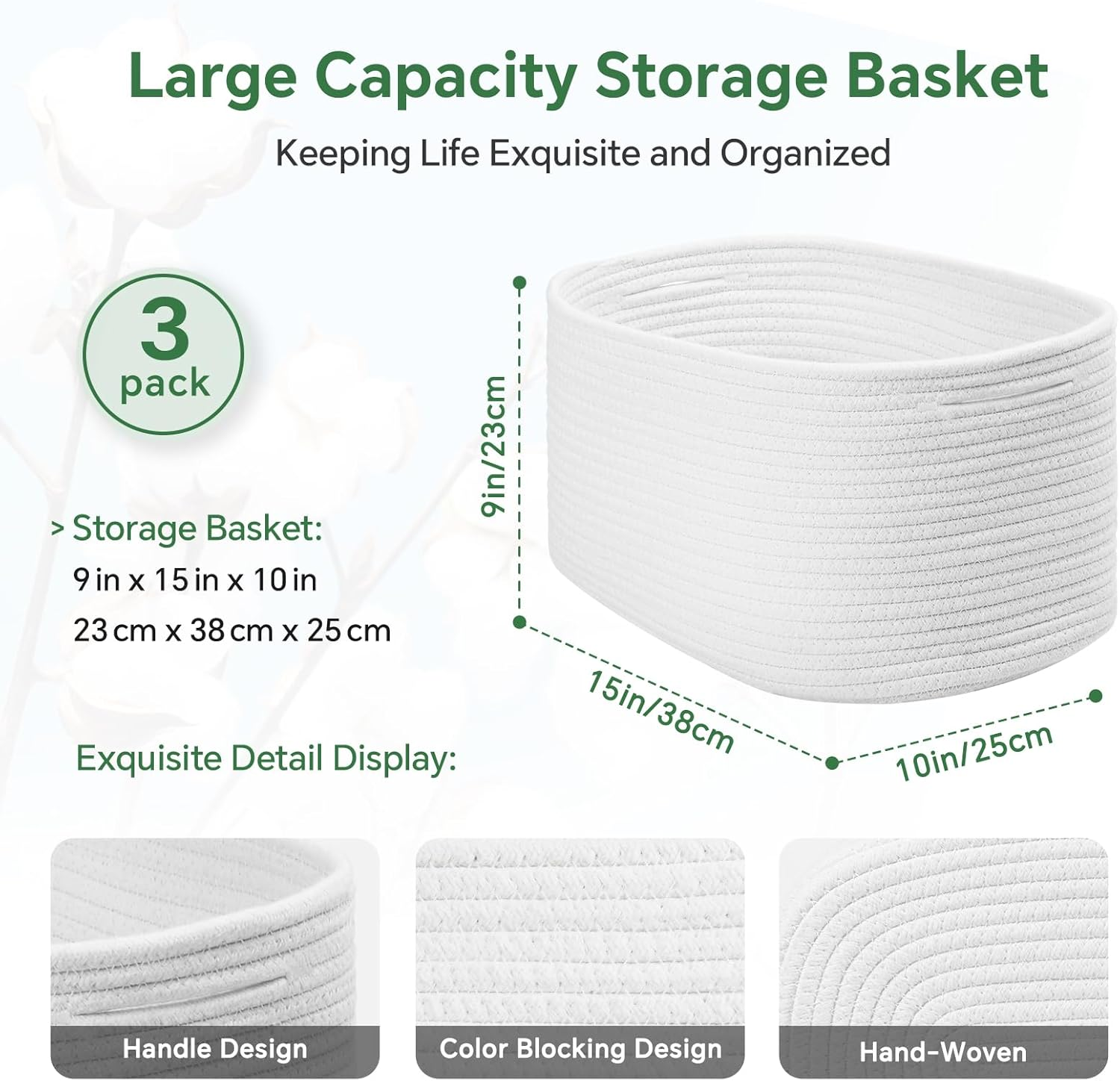 Woven Cotton Rope Storage Boxs with Hollow Handle (White, 3 Pack) image number 7