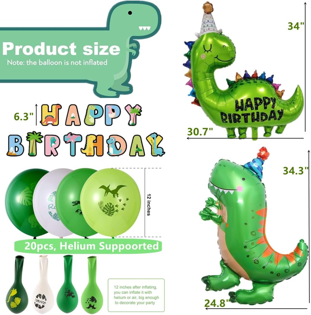 Dinosaur Birthday Banner and Balloons Kit - Giant Dinosaur Mylar Balloons with Happy Birthday Sign, Dinosaur Theme Balloon Party Favor Supplies for Kids (Happy Dinosaur) image number 2