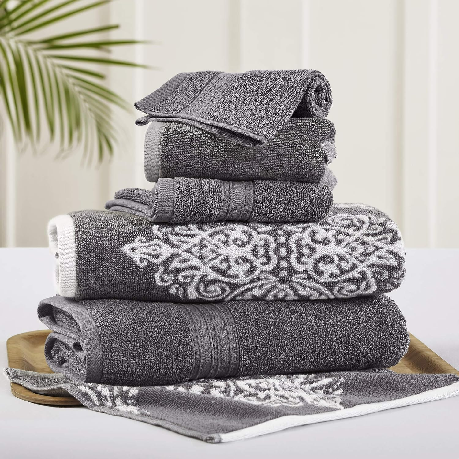 Amrapur Overseas | Artesia Damask 6 Piece Reversible Yarn Dyed Jacquard Towel Set (Platinum)