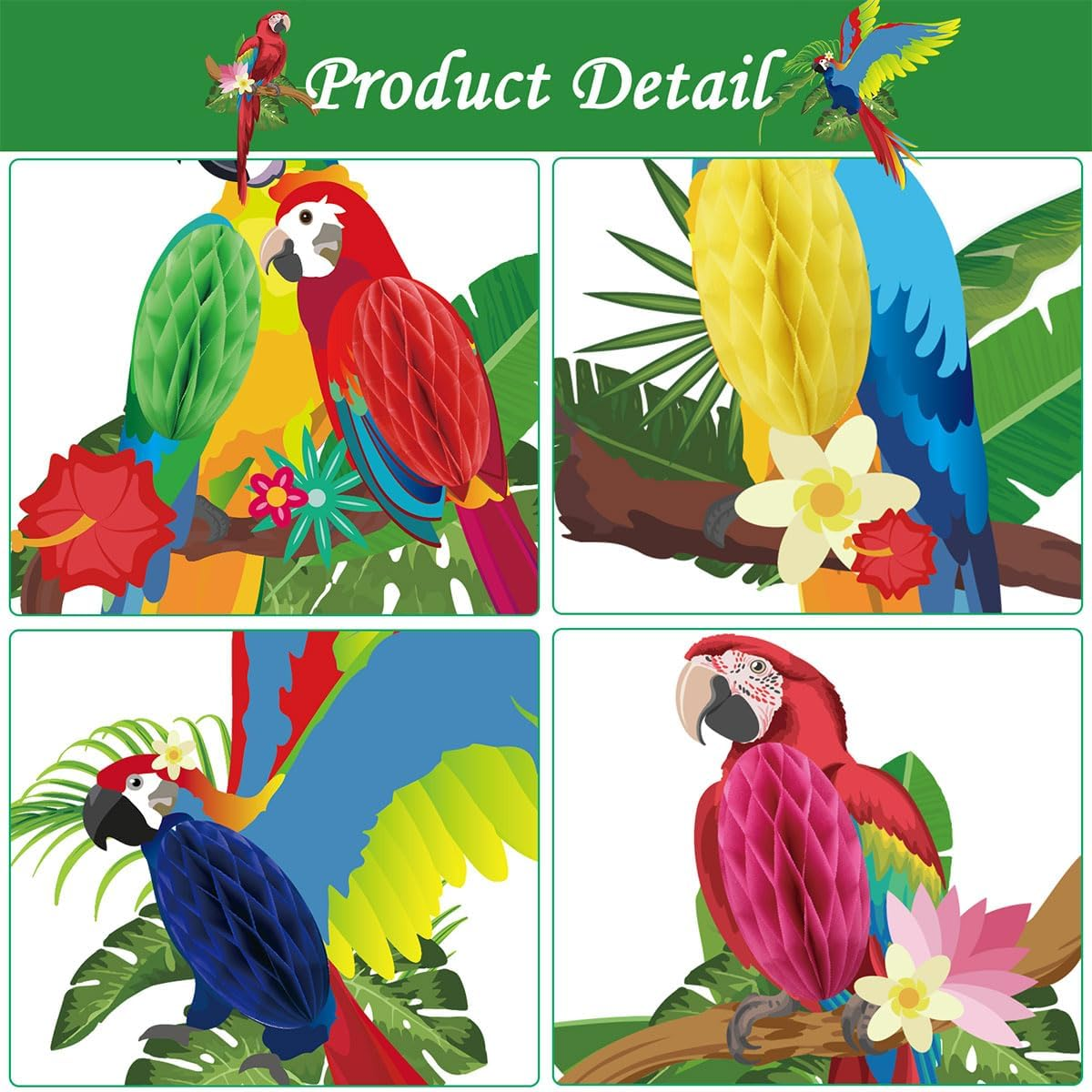 AIMALL 9X Tropical Parrot Honeycomb Decorations - Vibrant Hawaiian Hanging Birds for Summer Party, Bar, Wall Decor