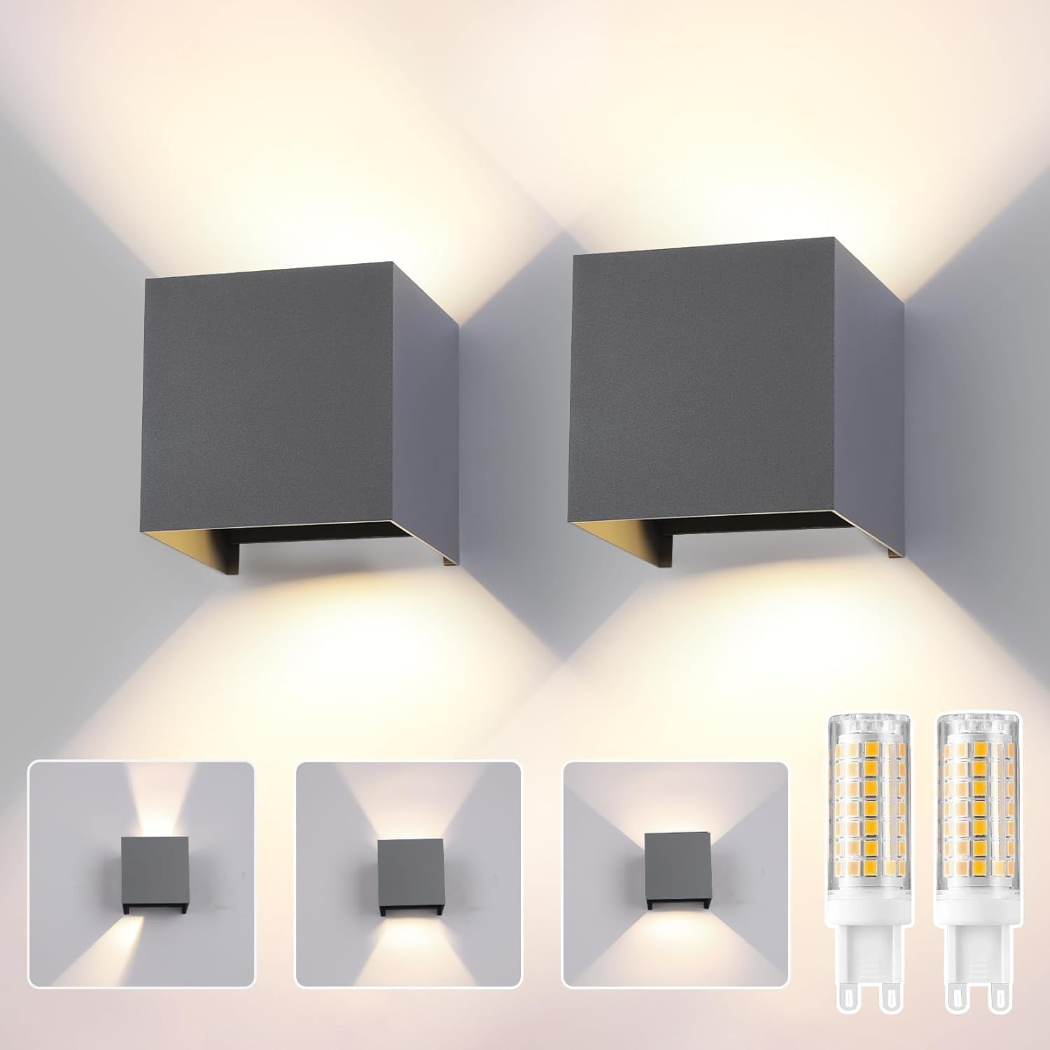 Wisdom Line 4-Piece Wall Light, LED G9 4000K 12W, IP65 Waterproof, Adjustable Angle 0-120&deg;, Anthracite for Indoor/Outdoor Garden Living Room Bedroom