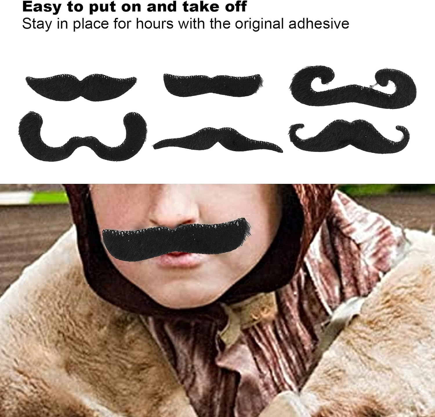 6Pcs Fake Black Moustache, Self Adhesive Fake Mustache for Halloween Party, Costume, Mustache Party Supplies and Holiday Decorations, Easy to Put on and Take Off image number 1