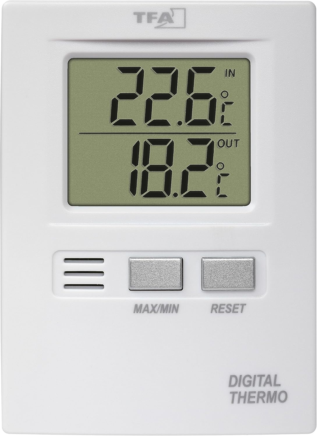 TFA Dostmann Digital Indoor/Outdoor Thermometer, Functional Display, High and Low Values, Indoor and Outdoor Temperature, L 62 X W 20 (55) X H 85 Mm, White image number 1