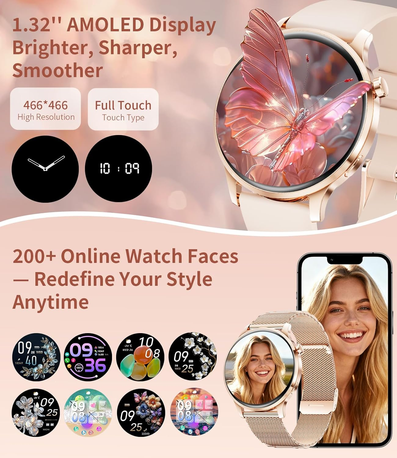 Smart Watch for Women Men (Make/Answer Call), 1.32" AMOLED Display Elegant Smartwatch Ladies with 2 Straps, 100+ Sports Modes, Health Tracking, IP68 Waterproof, Digital Watch for Android Ios