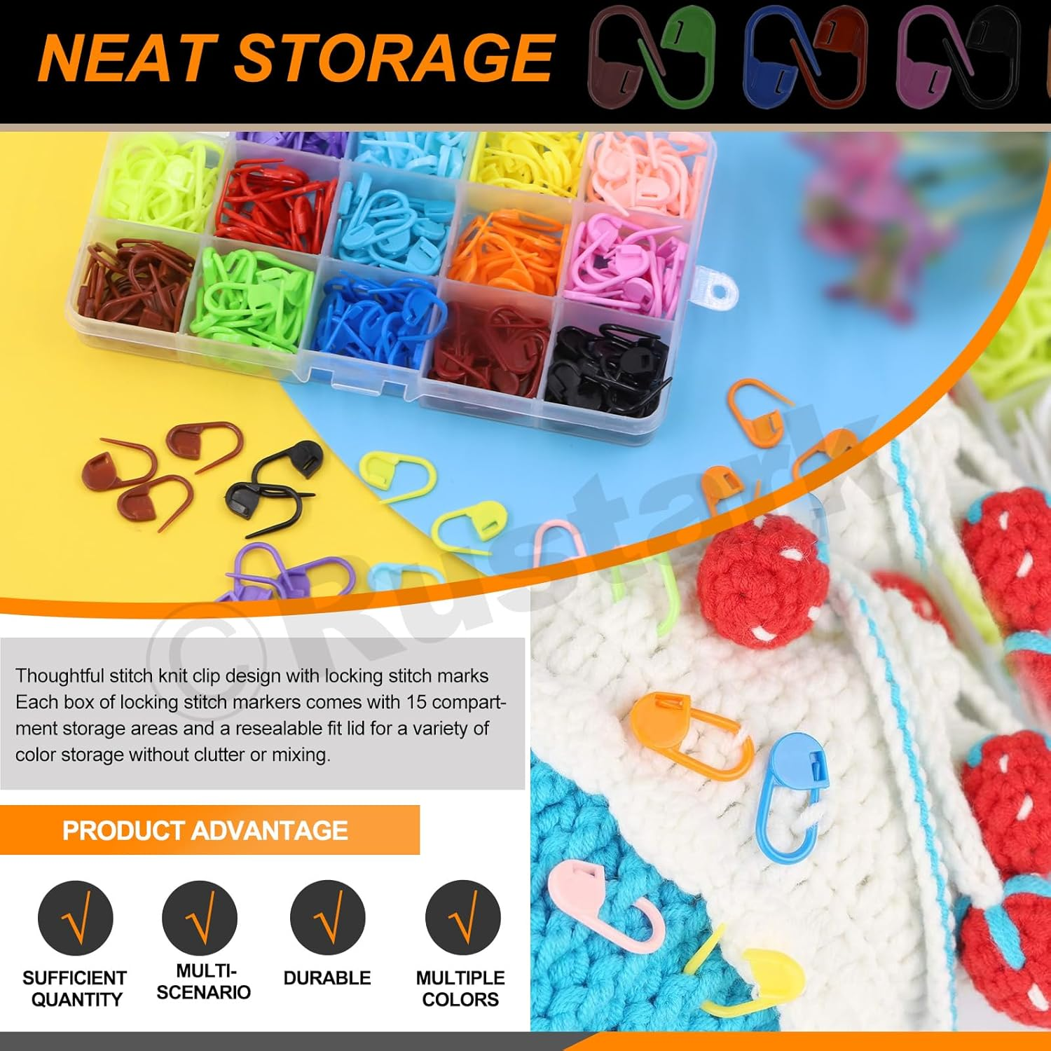 Rustark 316Pcs Colorful Stitch Markers and Big Eye Blunt Sewing Needles Assortment Kit with Soft Tape Measure, Locking Stitch Markers Set for Pattern Marking Yarn Knitting Crocheting DIY Projects image number 2