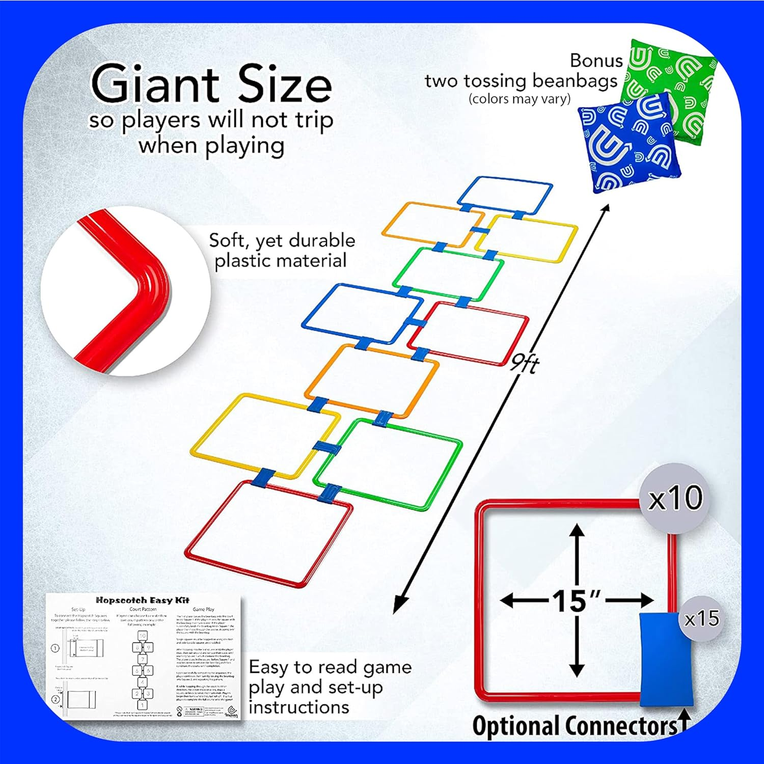 GETMOVIN SPORTS Hopscotch Squares Set with 2 Premium Beanbags Giant Sized 15 Inch Squares with 15 Connectors for Indoor/Outdoor Portable Fun Conditioning Agility Training image number 2