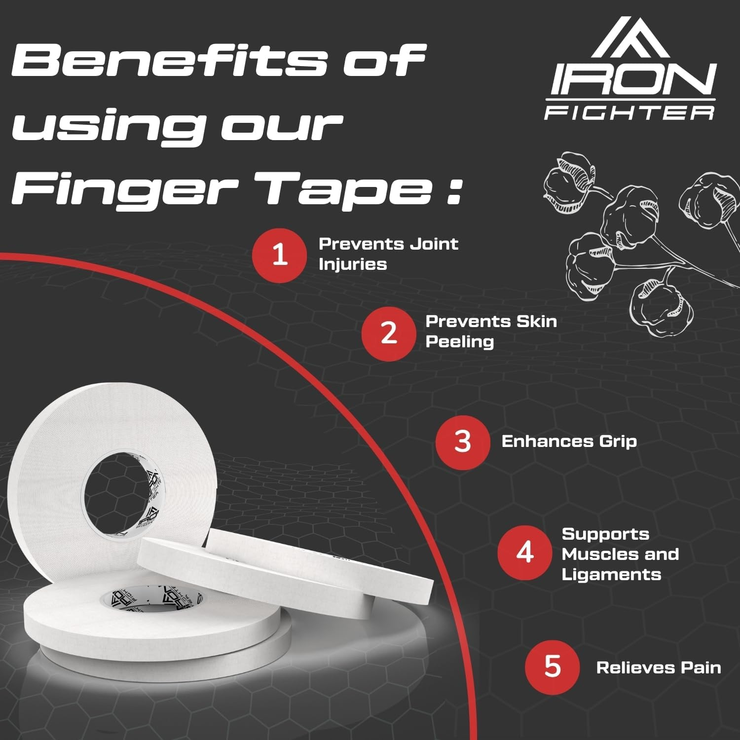 5X Rolls of Athletic Finger Tape Sports 0,8CM/0.3IN X 13,7M/45FT - BJJ Brazilian Jiu Jitsu - Rock Tape for Climbing - Crossfit - Judo - Volleyball - White Sports Tapes Strapping image number 3