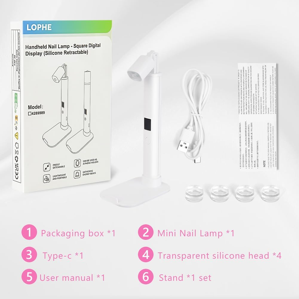 LOPHE UV Nail Lamp for Gel Nails, Handheld Adjustable Nail Gel Lamp with Bracket, USB Nail Dryer Light with LED Screen and 45S 60S Timer, Fast Curing Handheld Nail Lamp for Women Nail Art image number 1
