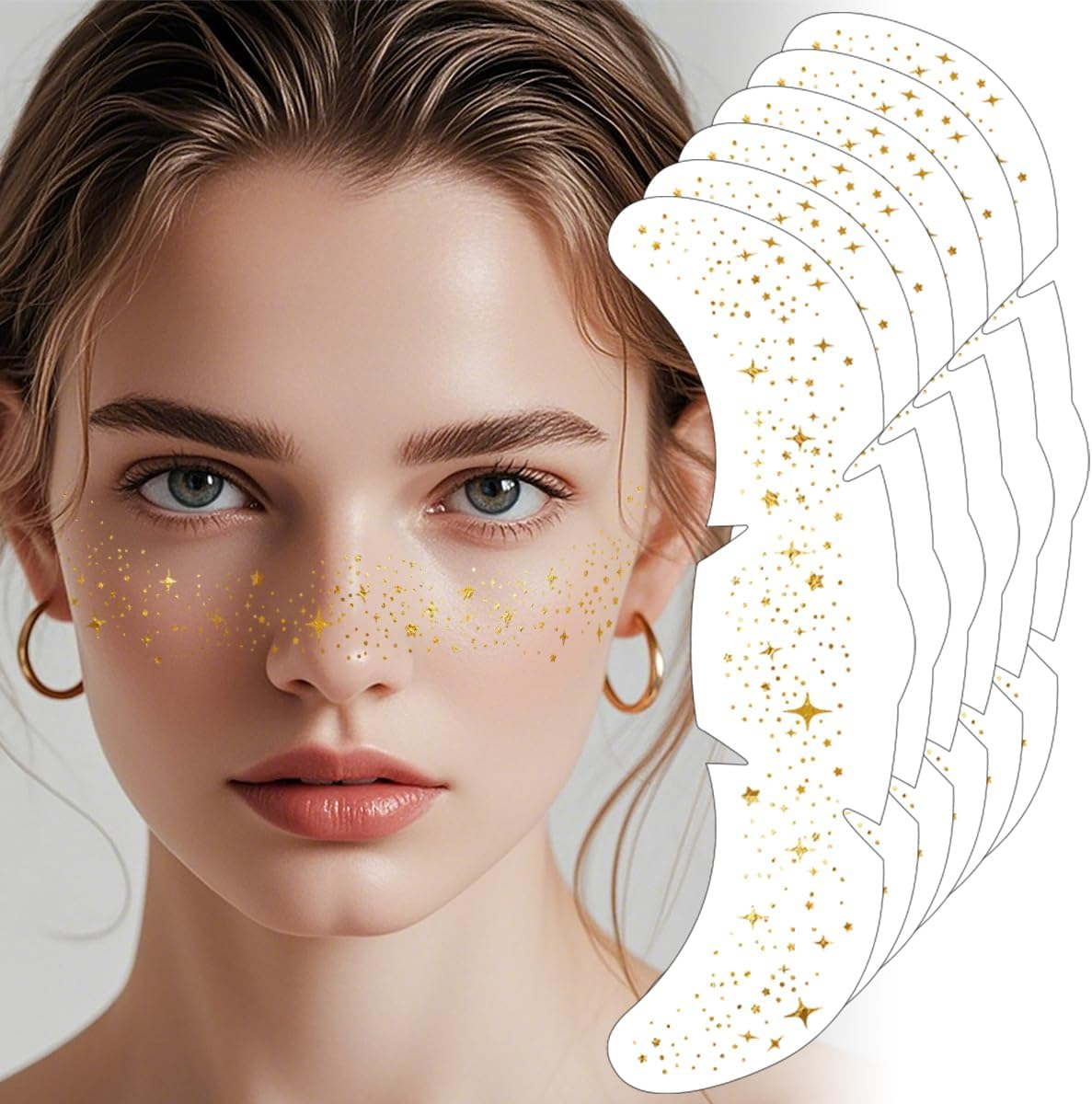 Gold Face Makeup Patches 6Pcs Glitter Freckles Temporary Tattoo Cute Freckles Sparkle Makeup Speckles Waterproof Glow up Speckles Patches for Women Cosmetic Tattoos Sticker (Gold06) image number 3