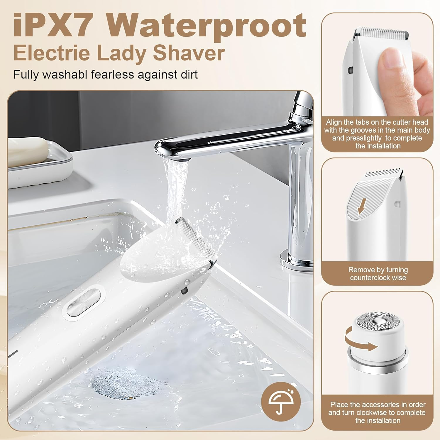 Electric Lady Shaver, 2-In-1 Rechargeable, IPX7 Waterproof, Wet & Dry, Double Head,For Bikini Underarms Legs Arms Body Face (White) image number 2