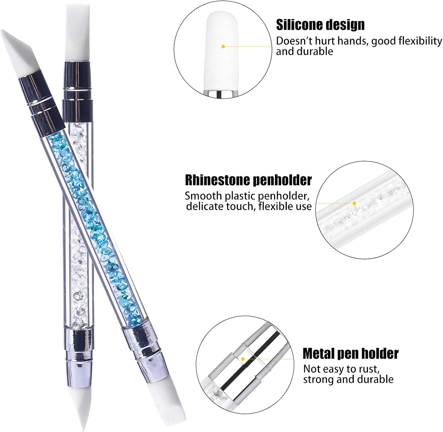 Hanyousheng 5Pcs Gel Nail Art Pen Carving Brush Silicone Head Acrylic Handle Salon Tool Set, Gel Carving Ballpoint Pen Pencil with Acrylic Rhinestone Handle, Nail Art Brush, Nail Art Pencil image number 1