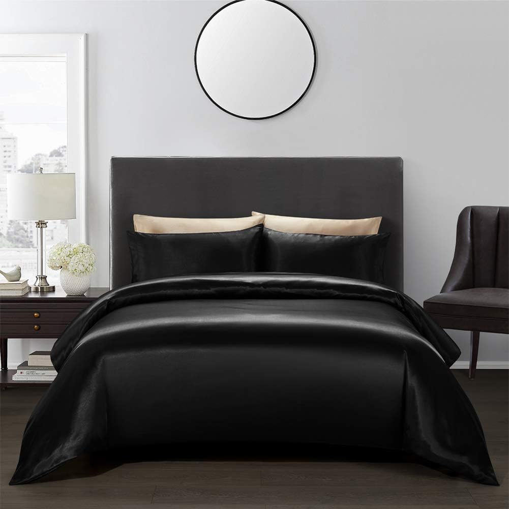 Aimay 3 Piece Duvet Cover Set (1 Duvet Cover + 2 Pillow Shams) Satin Silk Luxury 100% Super Soft Microfiber Bedding Collection (Queen,Black)