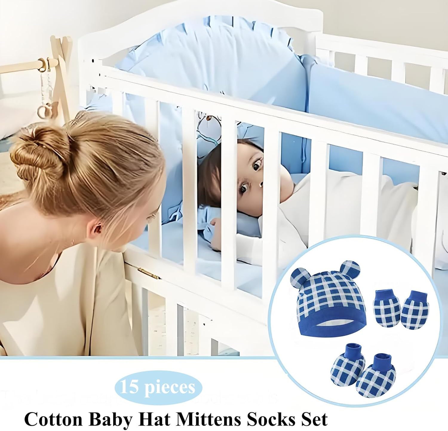 Cotton Baby Mittens Hats Socks - anti Scratch Baby Girl Boys Mittens 15 Pack Hands Gloves Infant Caps Socks for 0-6 Months - Blue image number 2