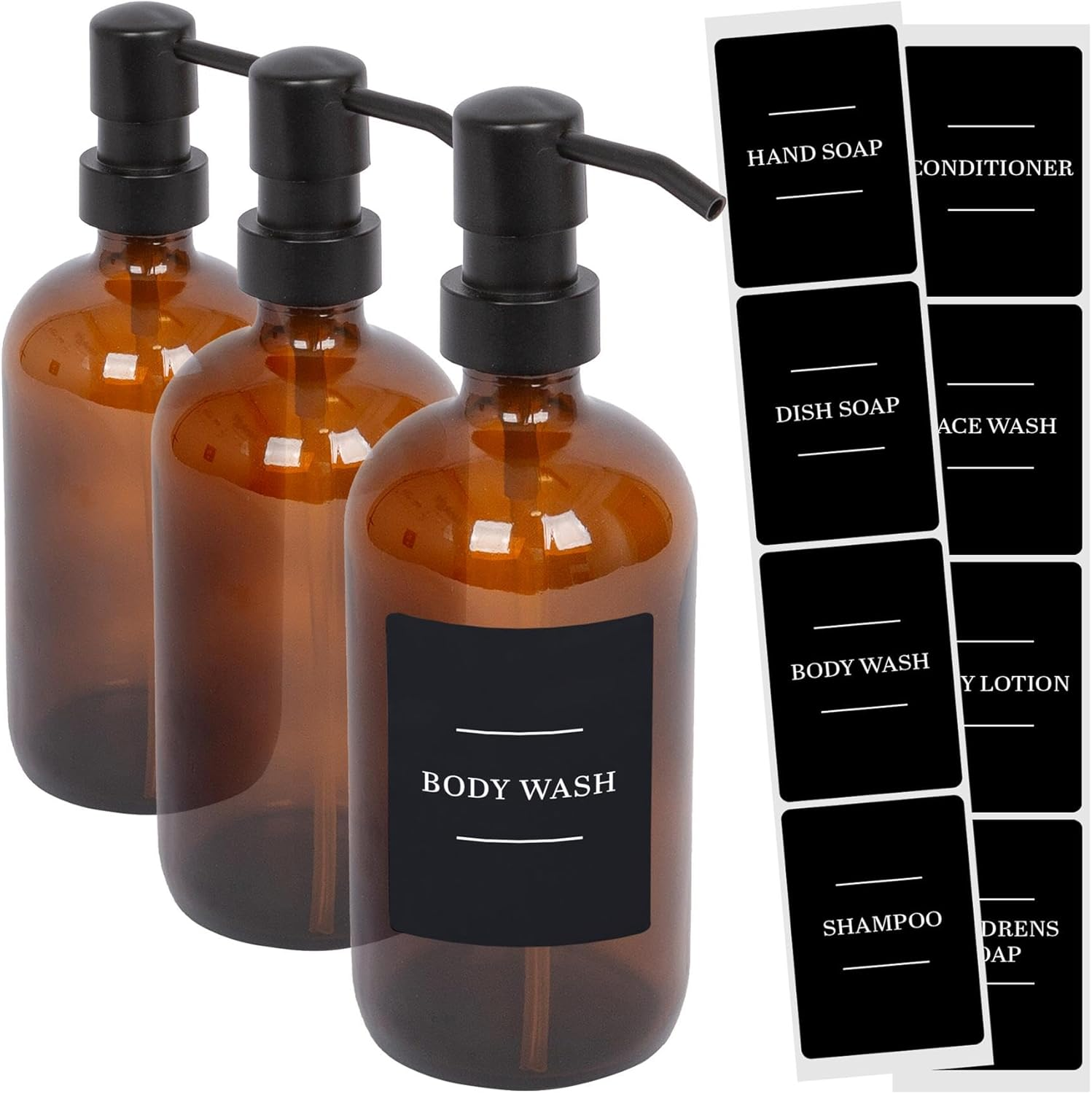 Harbour Housewares Glass Soap Dispensers with Labels - Amber/Black - 3 Pack - 500Ml Refillable Soap Dispensers Hand and Dish Liquid Pump for Bathroom, Kitchen, Laundry Room
