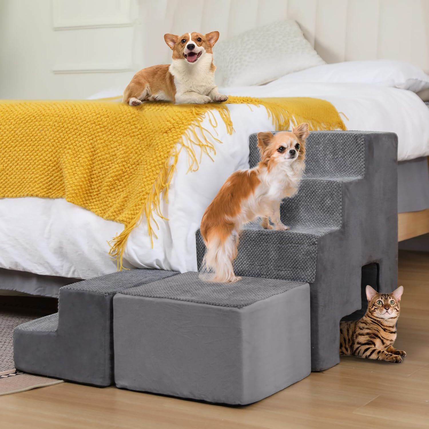 A.FATI Dog Stairs for Bed 60 Cm High, 5 Steps Dog Ramp for Box Spring Bed, Non-Slip Pet Stairs 60 Cm High for Small/Injured Dogs, Cats, Cat Stairs for Old Cats, Colour in Grey