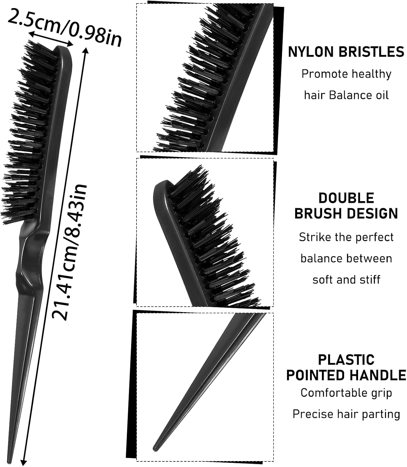 Teasing Boar Bristle Hair Brush for Women, Black Teasing Hair Brush Nylon Bristles Salon Styling Edge Boar Bristle Teasings-Brushs for Fine Comb Hair-Brushs for Edge Control Backcombing image number 2